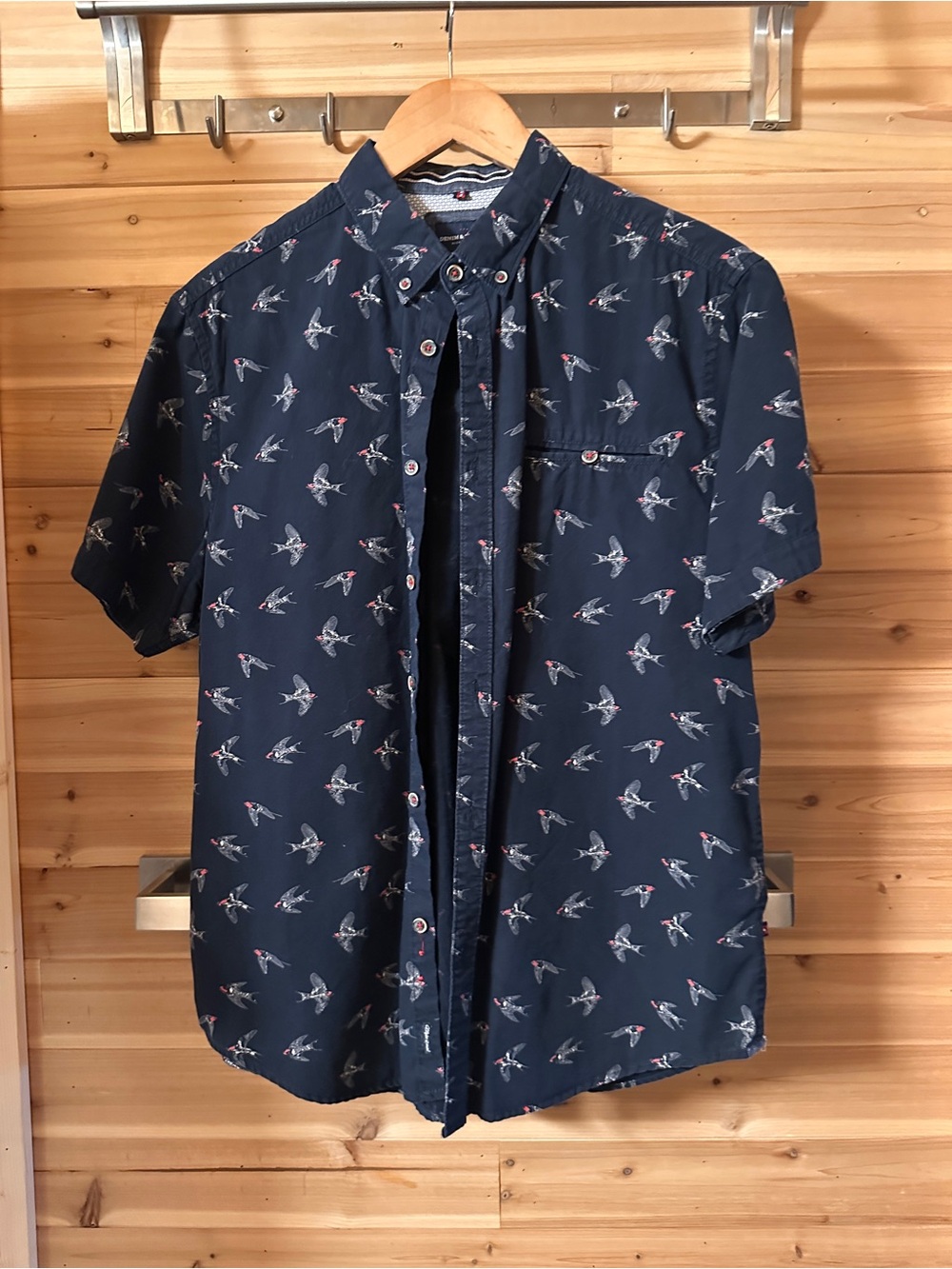 Men's Navy Short-Sleeve Button-Down Shirt with Bird Print